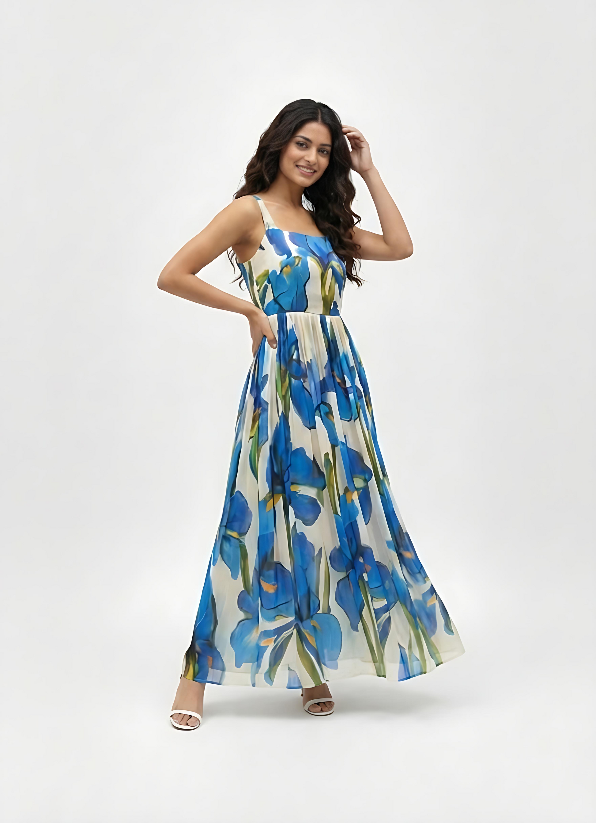 Elegant pleated maxi dress with a structured bodice and delicate straps, ideal for outdoor brunches and festive daytime events.