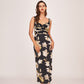 Strap-shoulder floral satin ankle-length dress, ideal for evening gatherings and special occasions