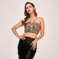 Faux leather co-ord set featuring a golden tube top paired with a black skirt