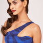 Blue silk one-shoulder printed dress, suitable for garden parties and summer weddings