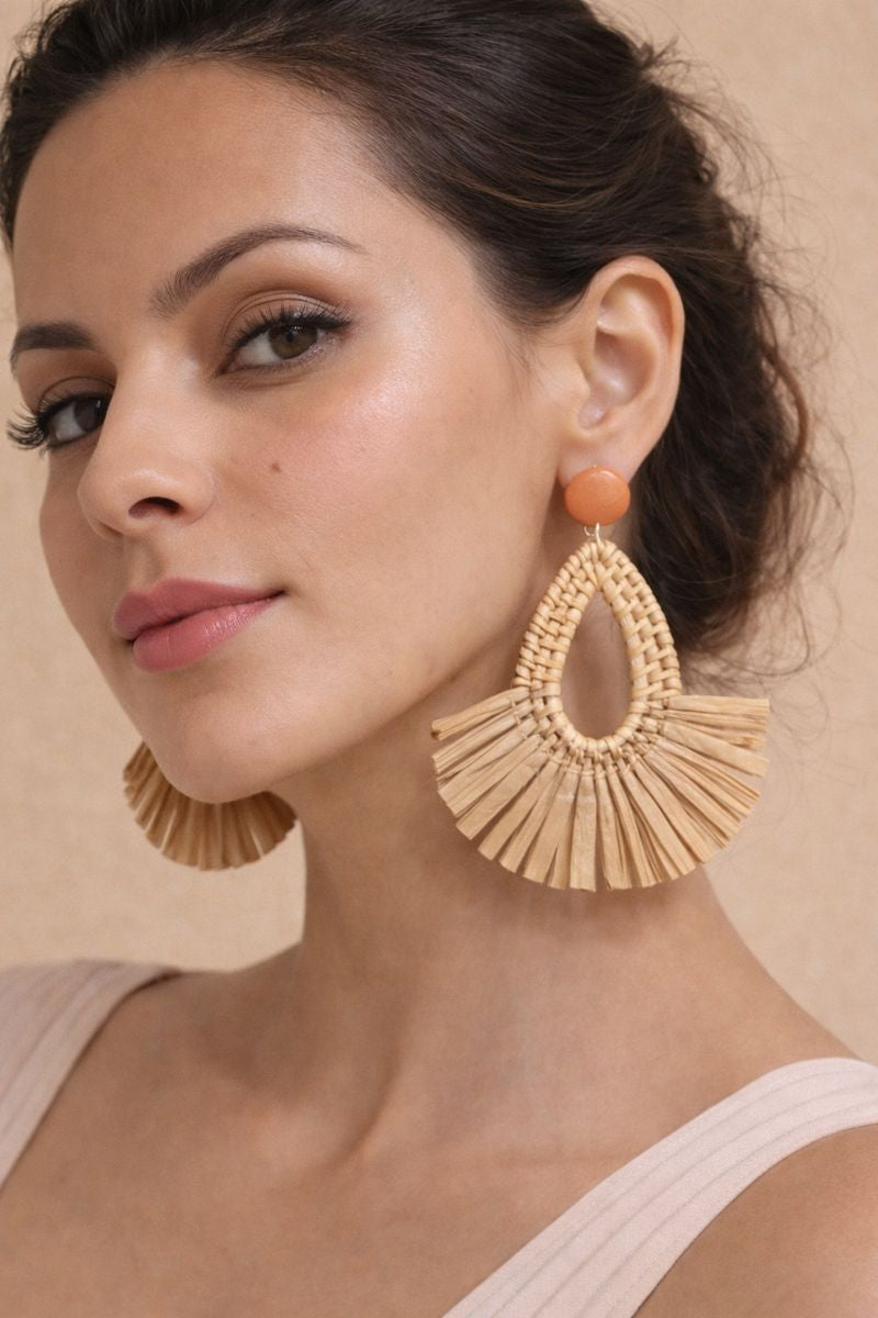 Rattan Geometric Earrings – Brown