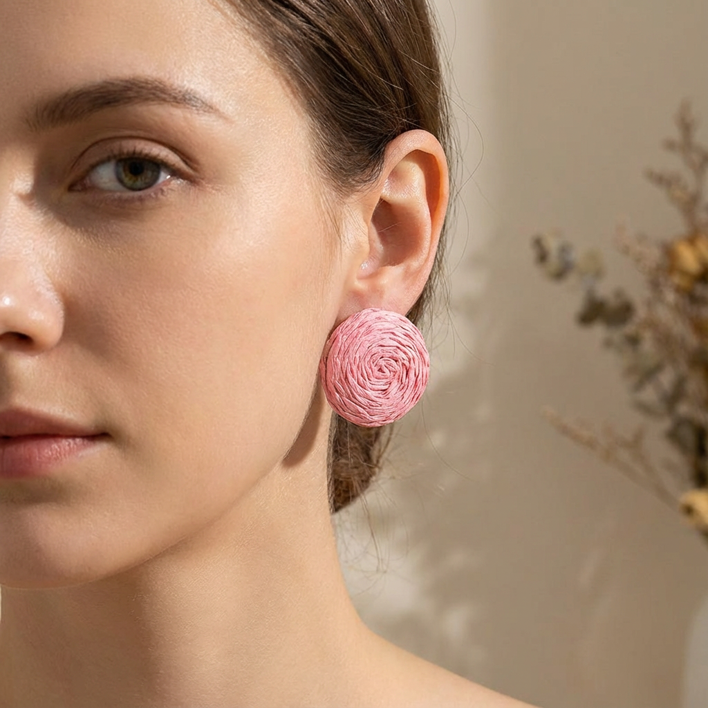 Raffia Round Drop Earrings – Pink
