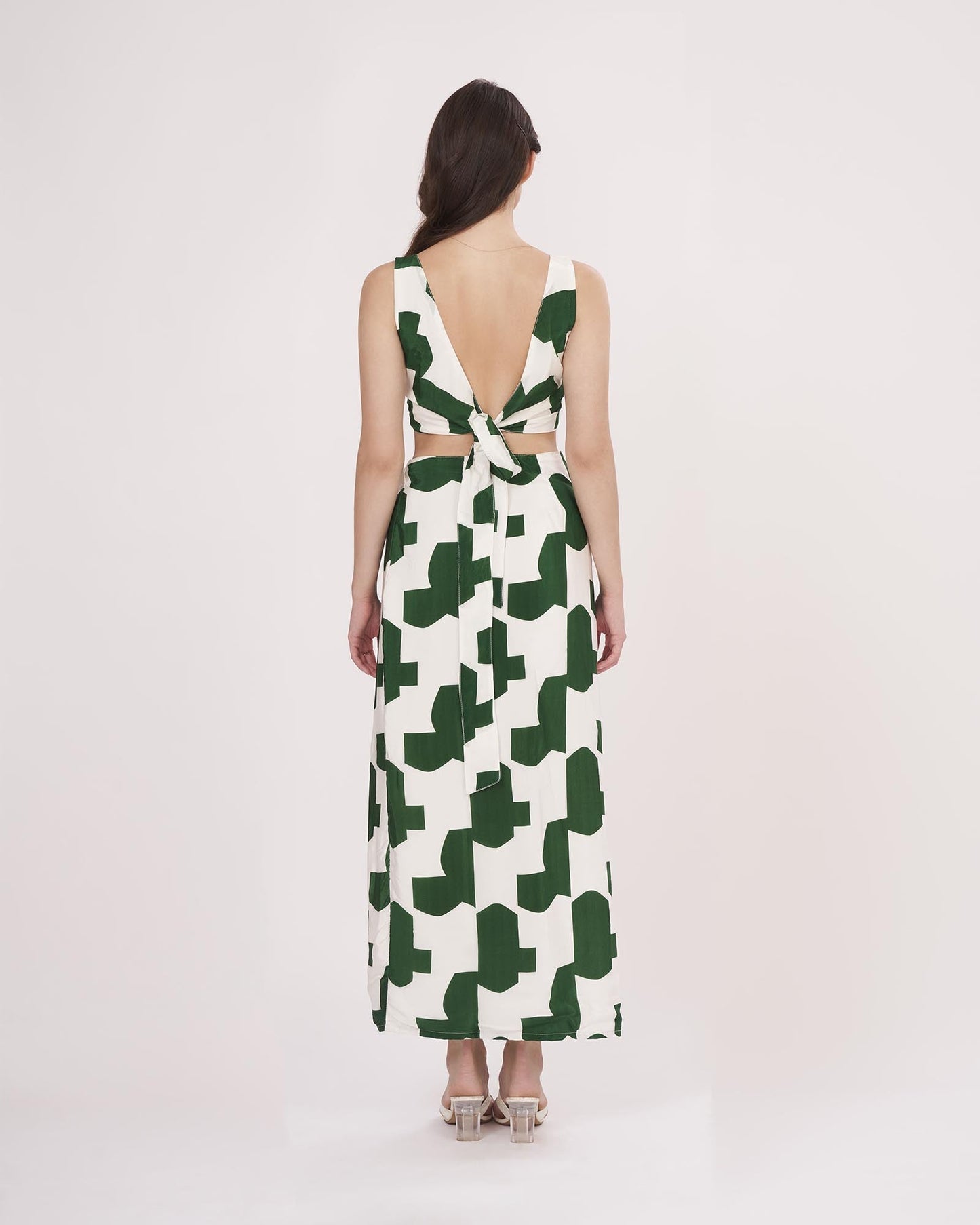 Rear view showcasing the tie-up deep back neck design and relaxed fit of the green printed co-ord set.