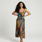 Chinon midi dress with square neckline and multicolor abstract geometric print, featuring a flowy wrap silhouette for resort wear