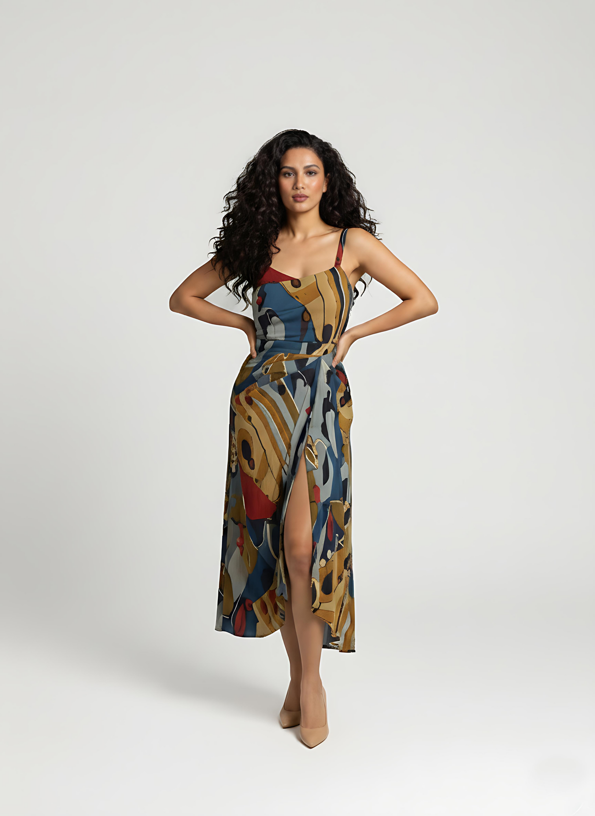 Chinon midi dress with square neckline and multicolor abstract geometric print, featuring a flowy wrap silhouette for resort wear