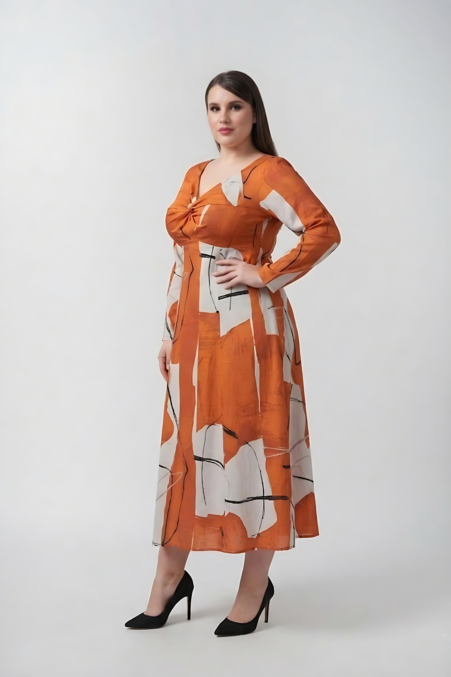 Plus size cotton satin midi dress with a smooth, non-clingy drape that falls comfortably over curves with ease