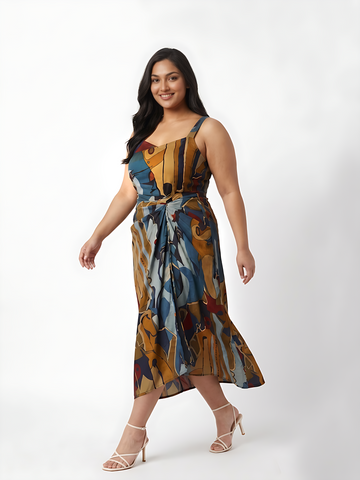 Curve fit chinon midi dress with geometric print, structured bodice and flowy silhouette