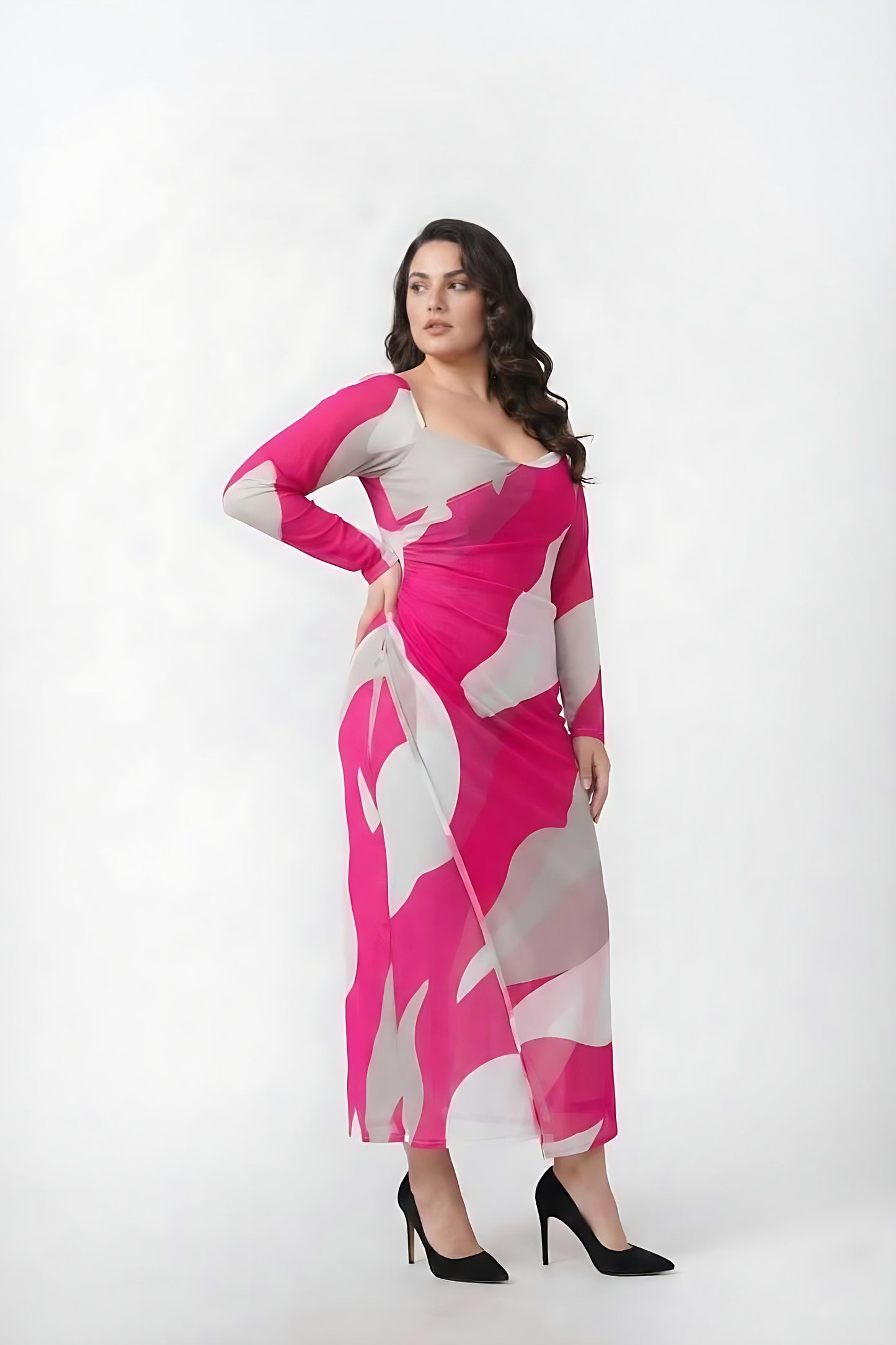 Curve fit chinon dress with a knot front detail and long sleeves for a balanced look