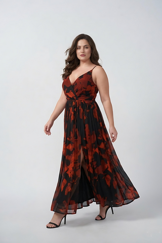 Curve fit chinon dress with an overlap neckline and gathered flare for a flattering shape