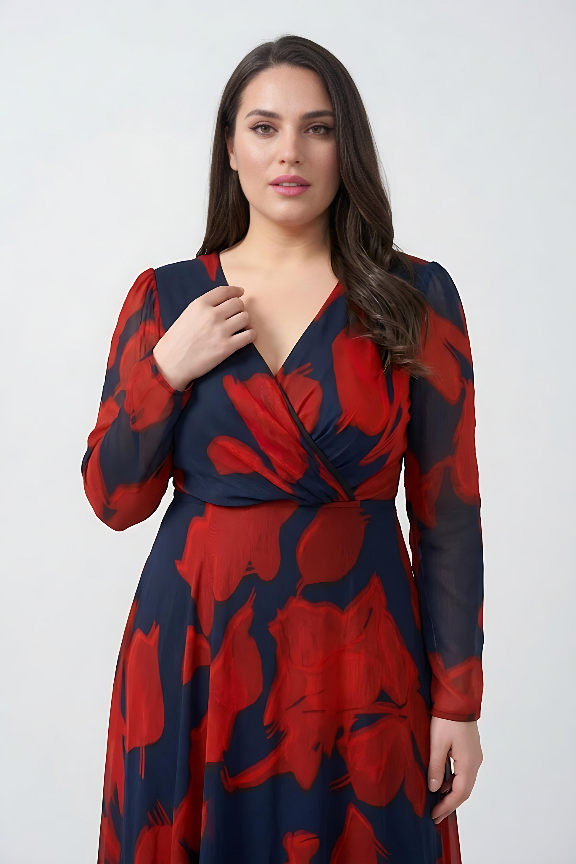Curve fit chinon dress with an overlapped V-neckline, designed to define the upper body and create a balanced shape