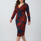 Curve fit chinon midi dress with a V-neckline and full sleeves, designed to create a balanced silhouette