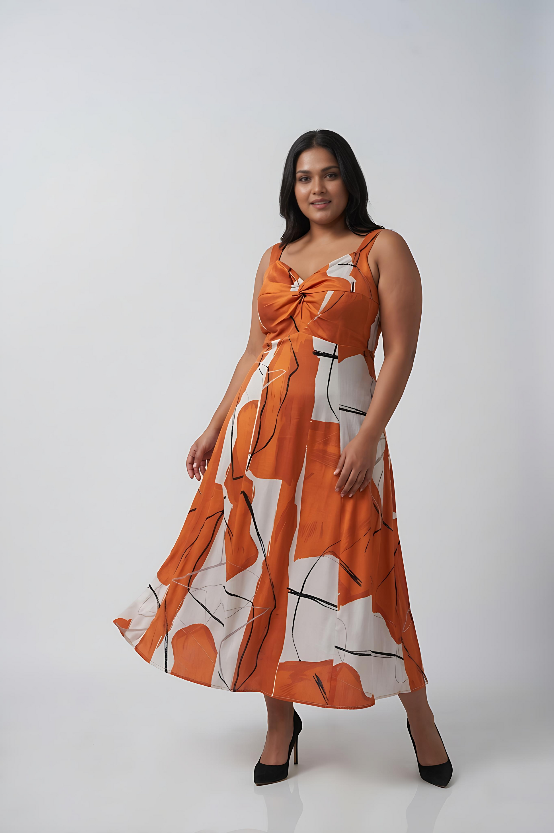Curve fit cotton satin midi dress with a twisted neckline, designed to frame the upper body beautifully