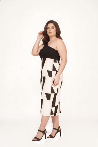 Curve fit silk dress with a one-strap neckline for a structured and flattering look