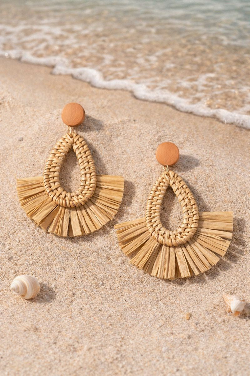 Rattan Geometric Earrings – Brown