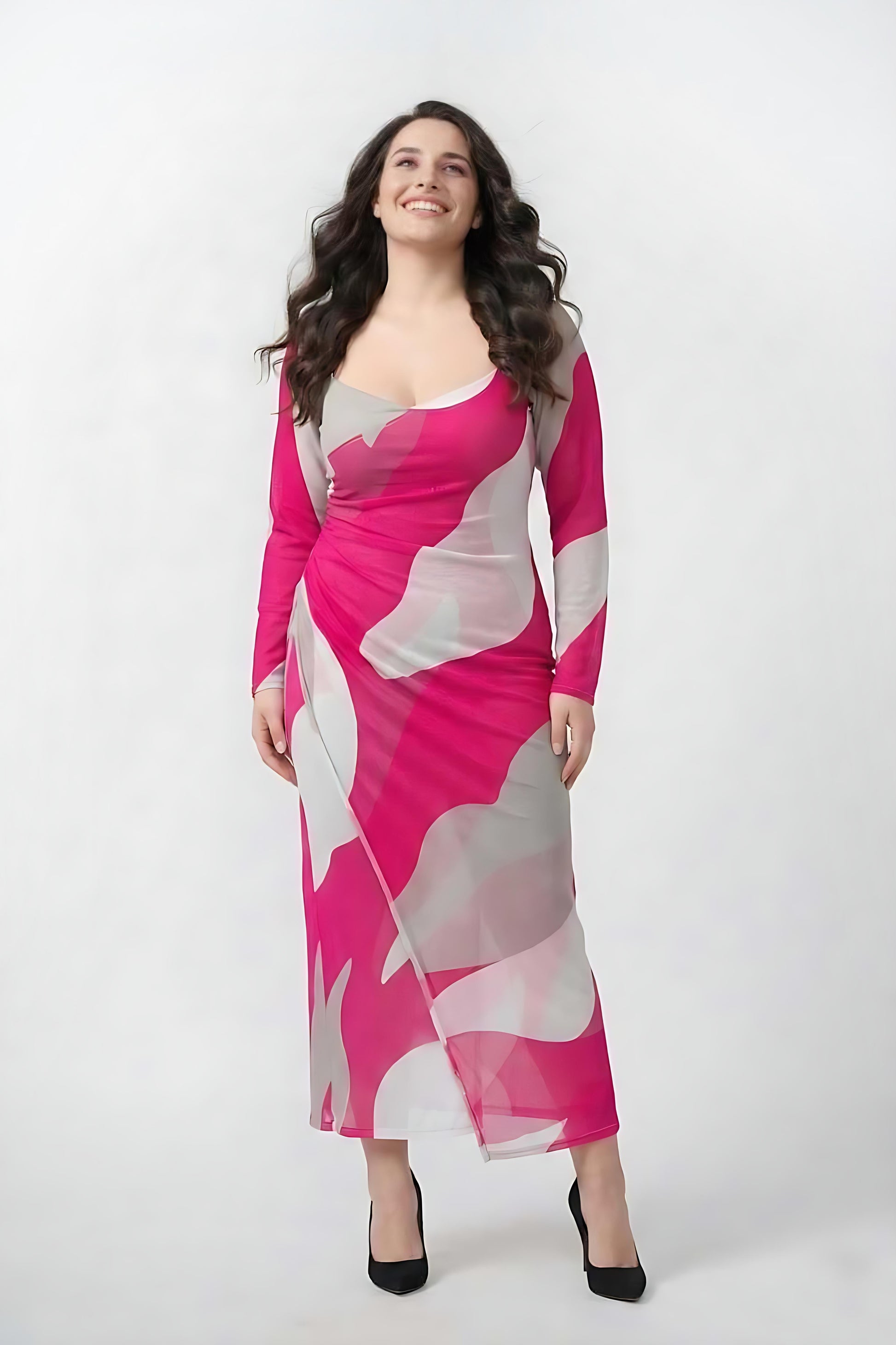 Extended size abstract print dress, perfect for parties, dinners, and evening occasions