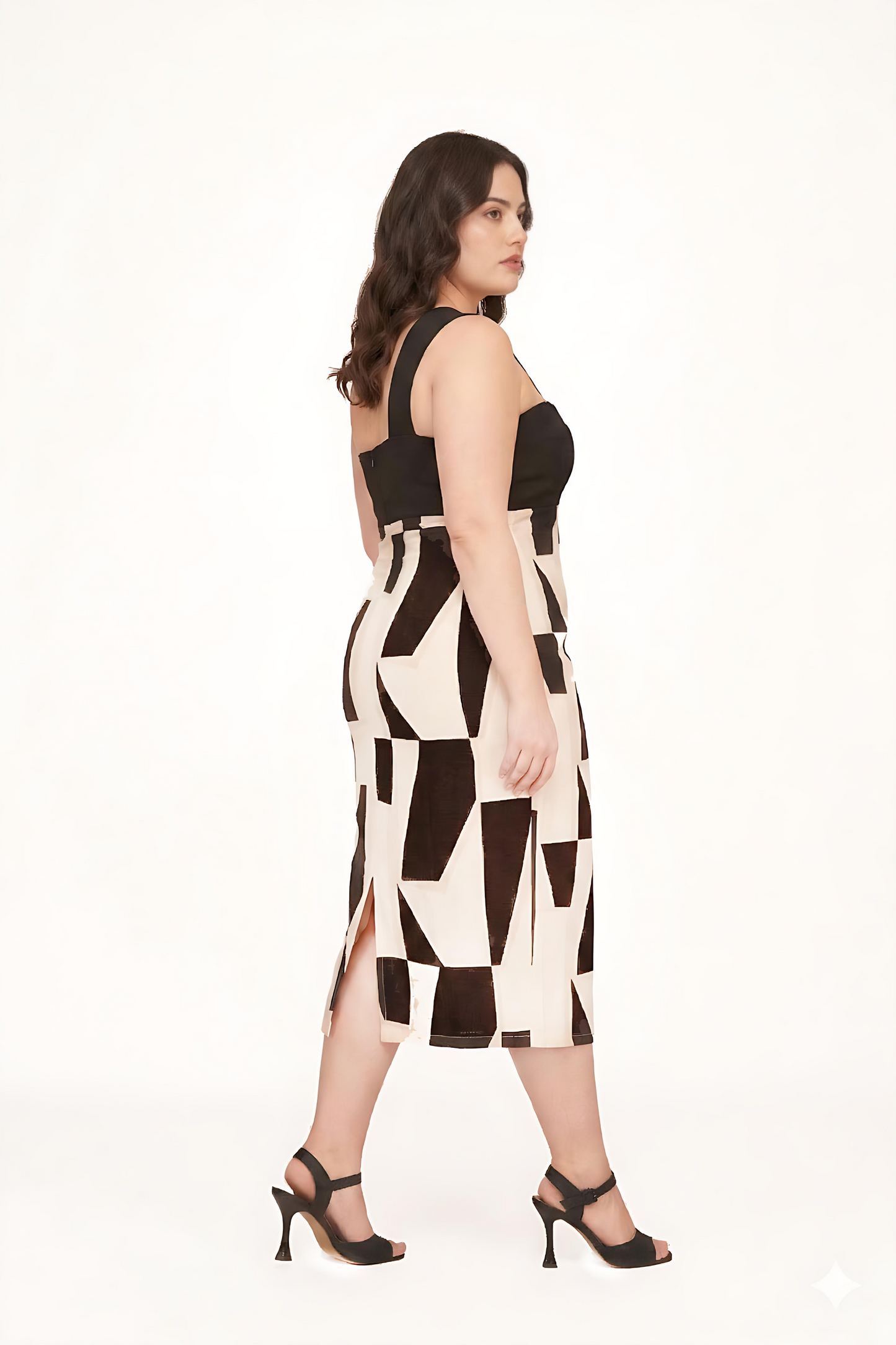 Extended size abstract silk midi dress, perfect for cocktail evenings and dinner occasions