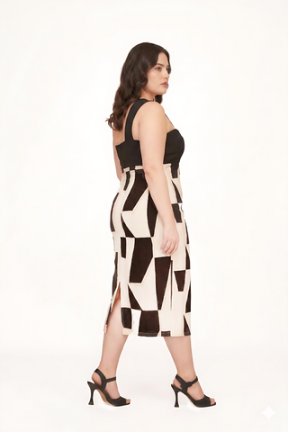 Extended size abstract silk midi dress, perfect for cocktail evenings and dinner occasions
