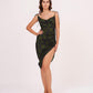 Tie-up strap muslin dress in green with ruched detailing, ideal for casual outings and relaxed evening occasions