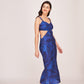 Blue floral silk midi dress with side cut-outs, suitable for parties and romantic date nights