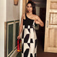 One-shoulder abstract print silk midi dress, suitable for cocktail parties and evening soirées