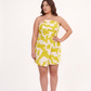Lime yellow geometric print muslin tube midi dress with a body-skimming silhouette, perfect for bold resort styling