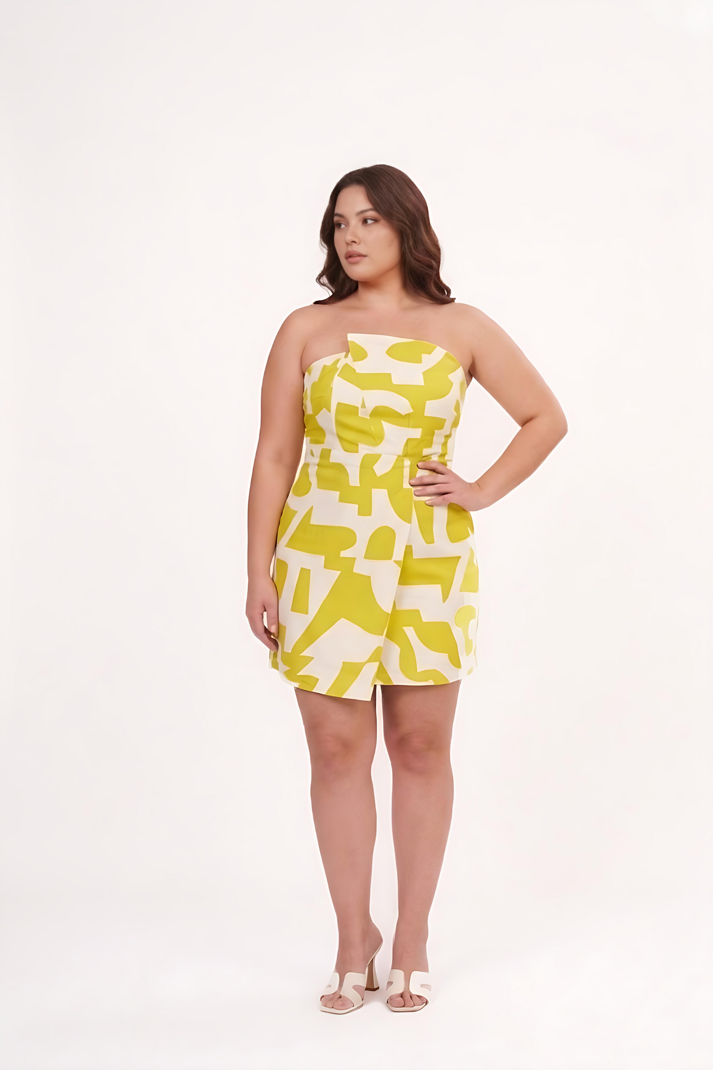 Lime yellow geometric print muslin tube midi dress with a body-skimming silhouette, perfect for bold resort styling