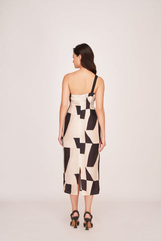 Back view of a one-strap silk midi dress with a back zip closure and clean lines