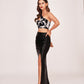 Abstract print top and black skirt co-ord set in crepe, ideal for elegant evening events and social gatherings