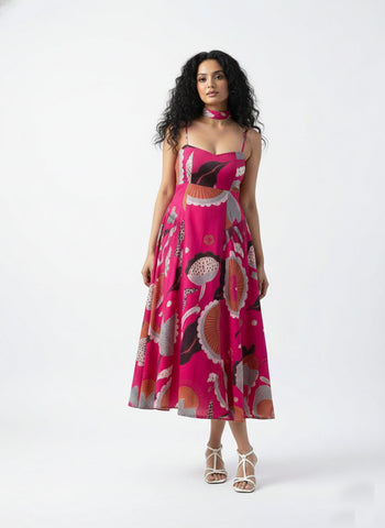 Pink chinon midi dress with sweetheart neckline and soft A-line silhouette