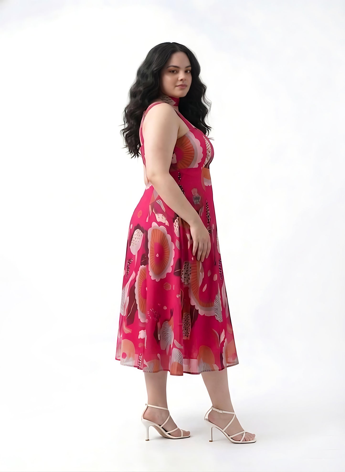 Pink A-line midi dress in lightweight chinon with pleated waist detailing, ideal for effortless vacation styling