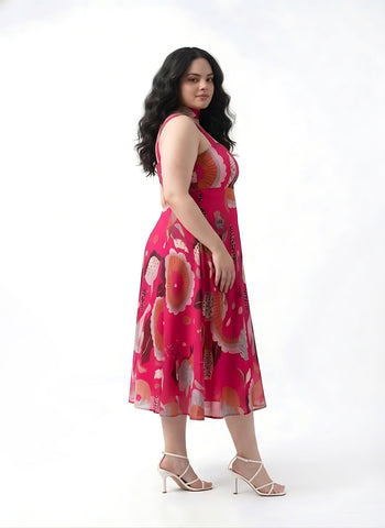 Pink A-line midi dress in lightweight chinon with pleated waist detailing, ideal for effortless vacation styling