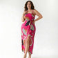 Plus size abstract chinon dress with an asymmetric halter neckline and midi to ankle length