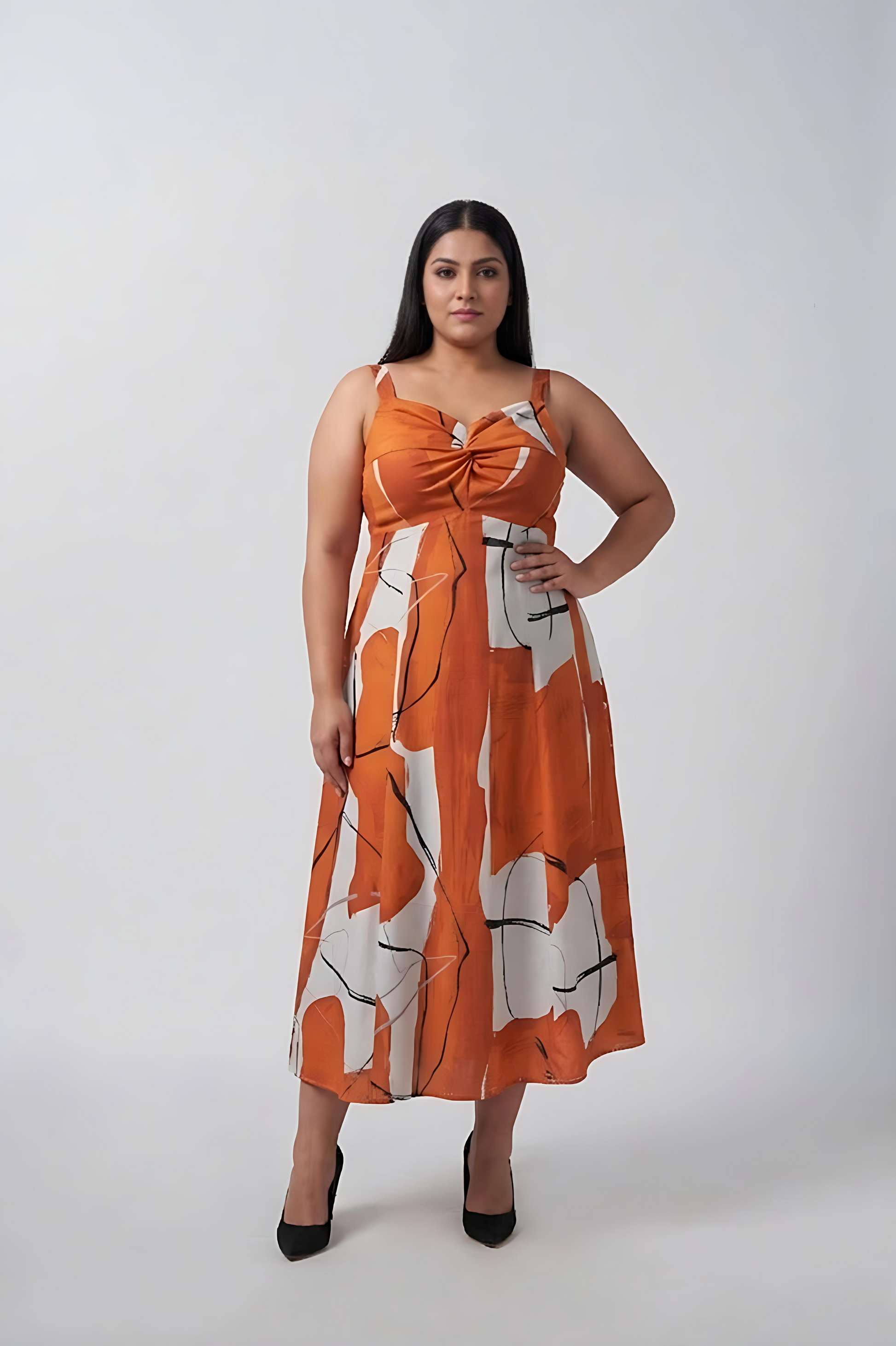 Plus size burnt orange and white abstract cotton satin midi dress with a twisted neckline
