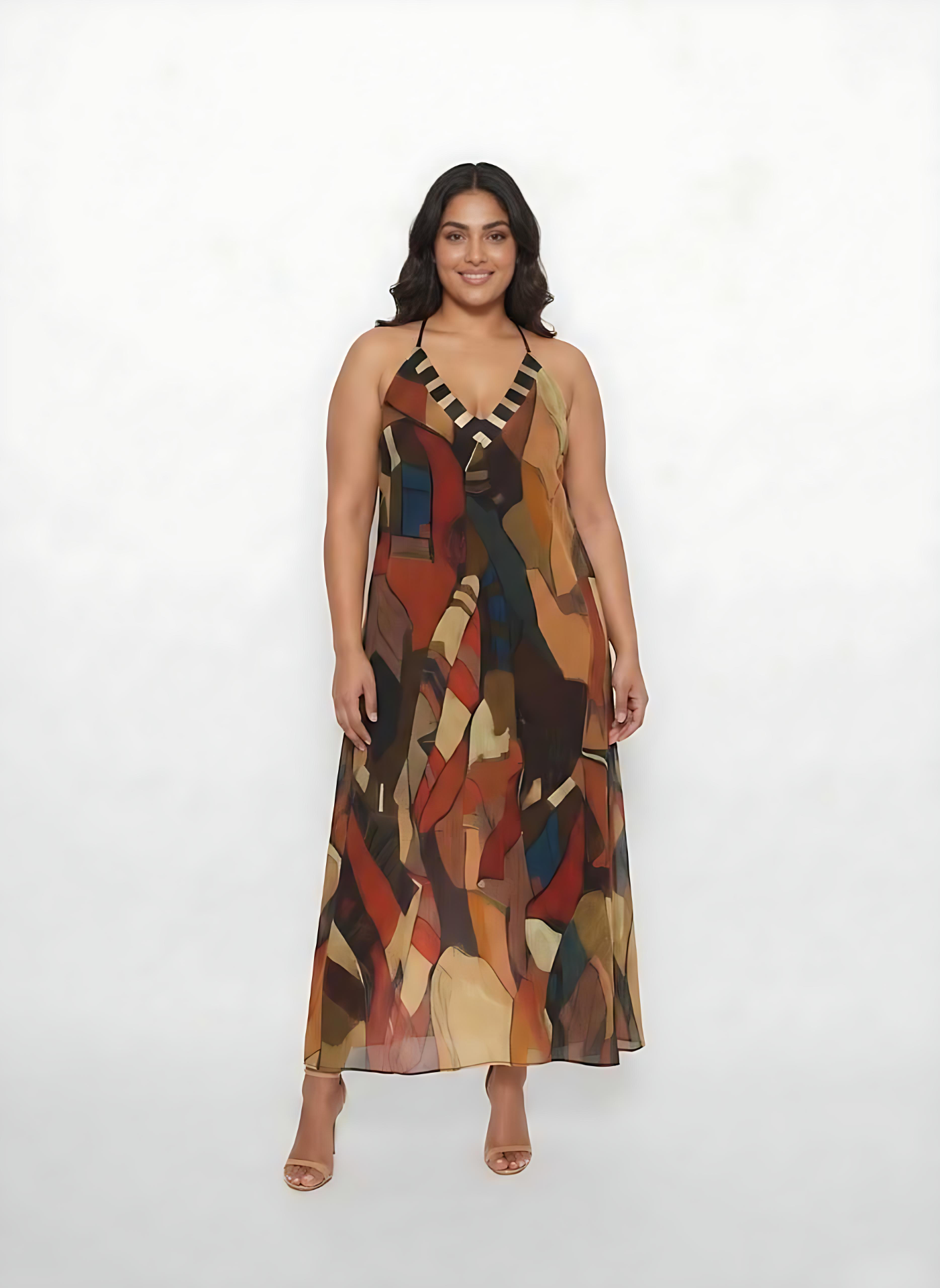 Plus size abstract chinon maxi dress in earthy tones with a halter tie-back neckline