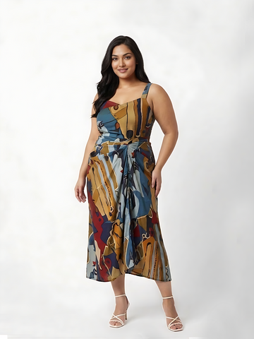 Plus size midi dress in multicolor abstract geometric print with square neckline and front slit