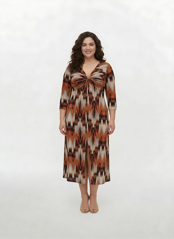 Plus size ikat print chinon midi dress with a deep V-neckline, ruched waist, and front slit