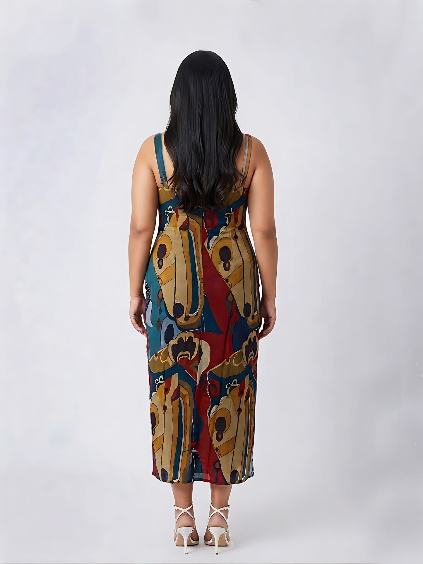 Plus size abstract print midi dress with square neckline, slim straps and front slit detail