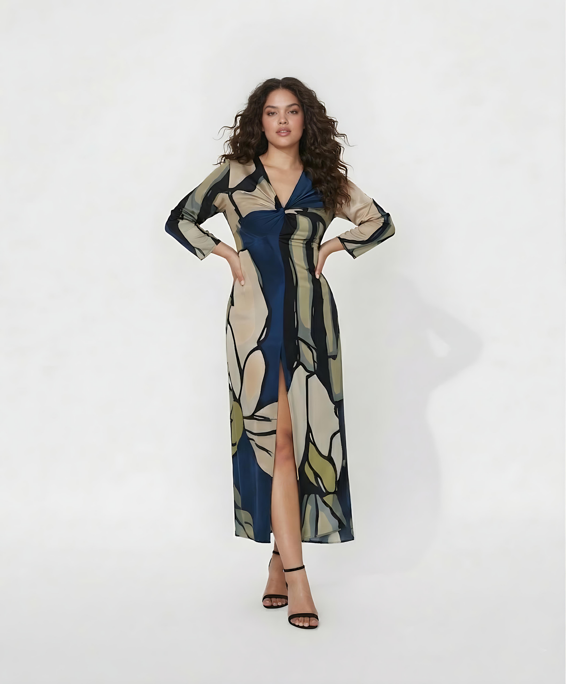 Plus size navy, beige, and olive abstract crepe full-length dress with a V-neck and front slit