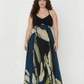 Plus size navy and olive floral crepe ankle-length dress with a halter tie-back neckline