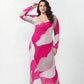 Plus size pink and white abstract chinon ankle-length dress with an overlapped neckline