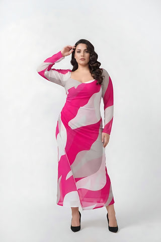 Plus size pink and white abstract chinon ankle-length dress with an overlapped neckline