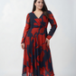 Plus size red and navy floral chinon ankle-length dress with an overlapped V-neck and side slit