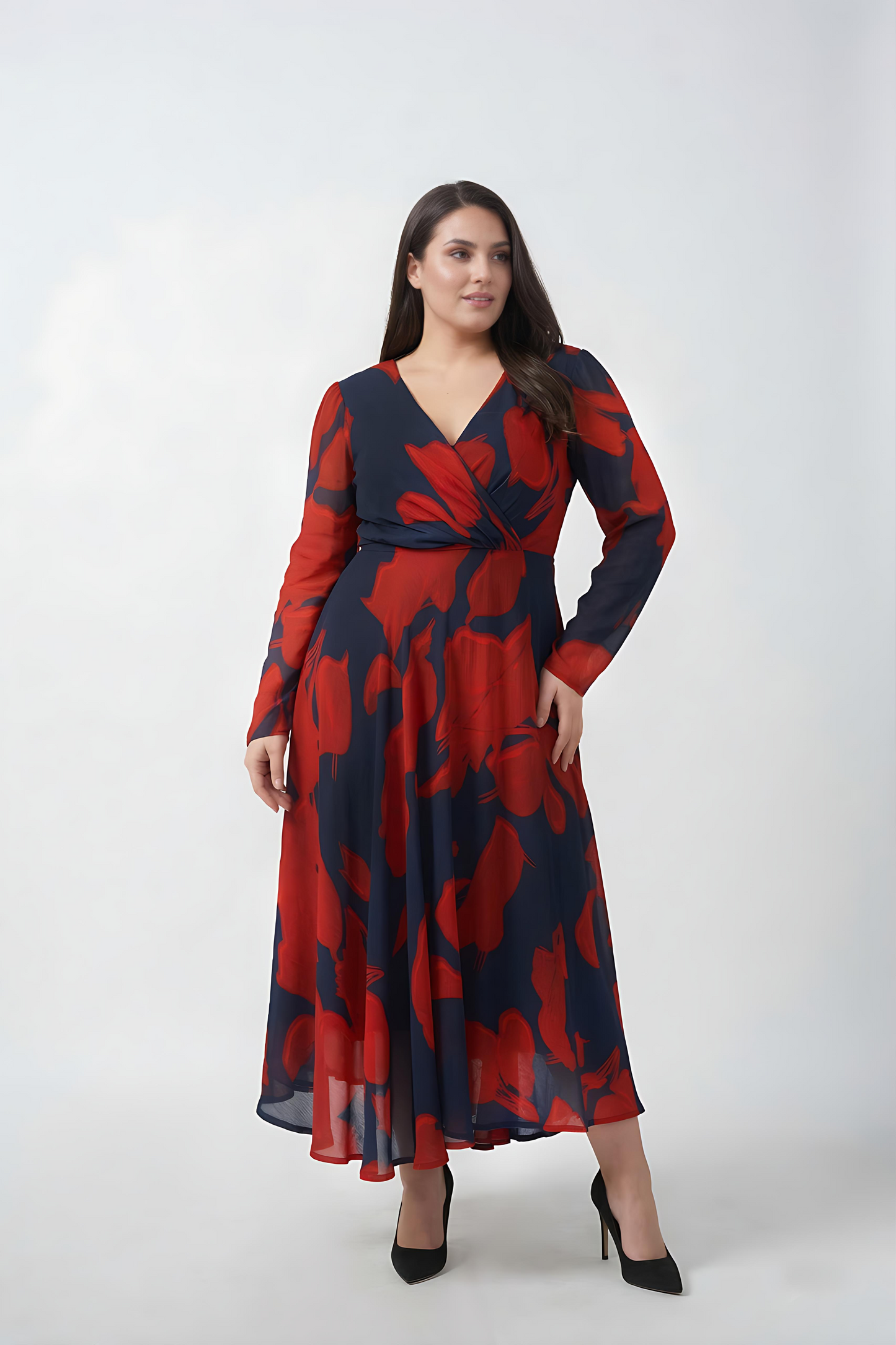 Plus size red and navy floral chinon ankle-length dress with an overlapped V-neck and side slit