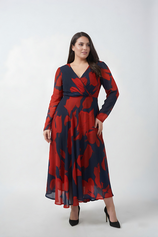 Plus size red and navy floral chinon ankle-length dress with an overlapped V-neck and side slit