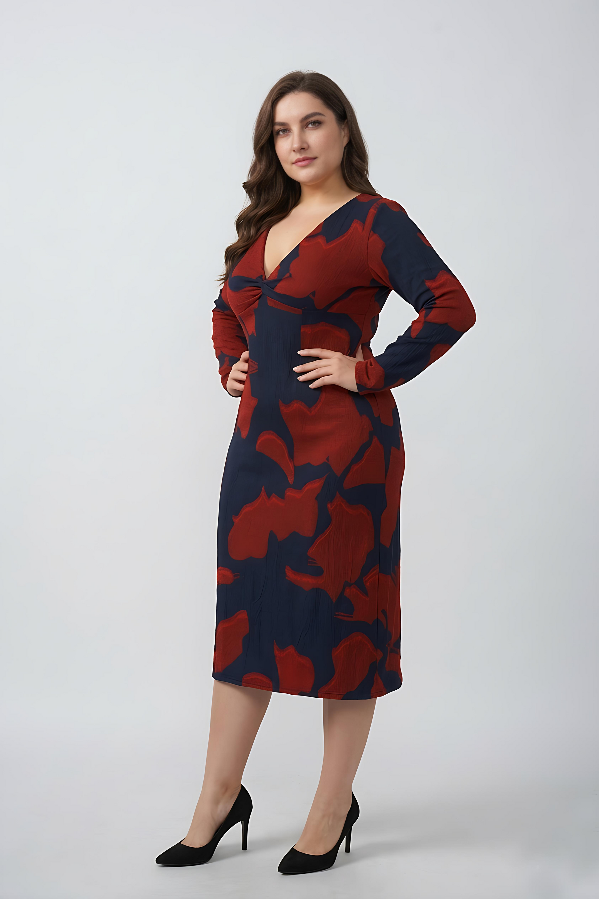 Plus size red and navy floral chinon midi dress with a V-neck and long sleeves