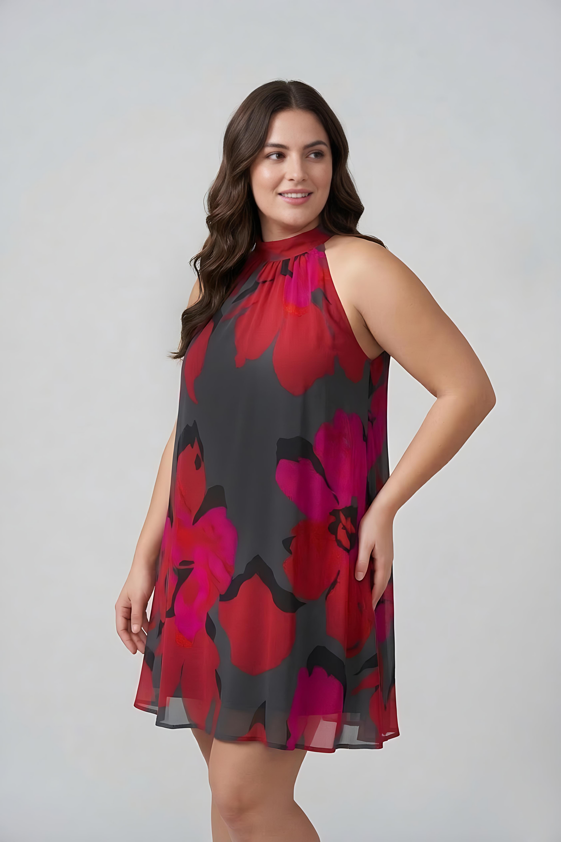 Plus size red and pink floral chinon knee-length dress with a halter tie-back neckline