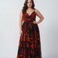 Plus size red and pink abstract floral chinon full-length dress with spaghetti straps