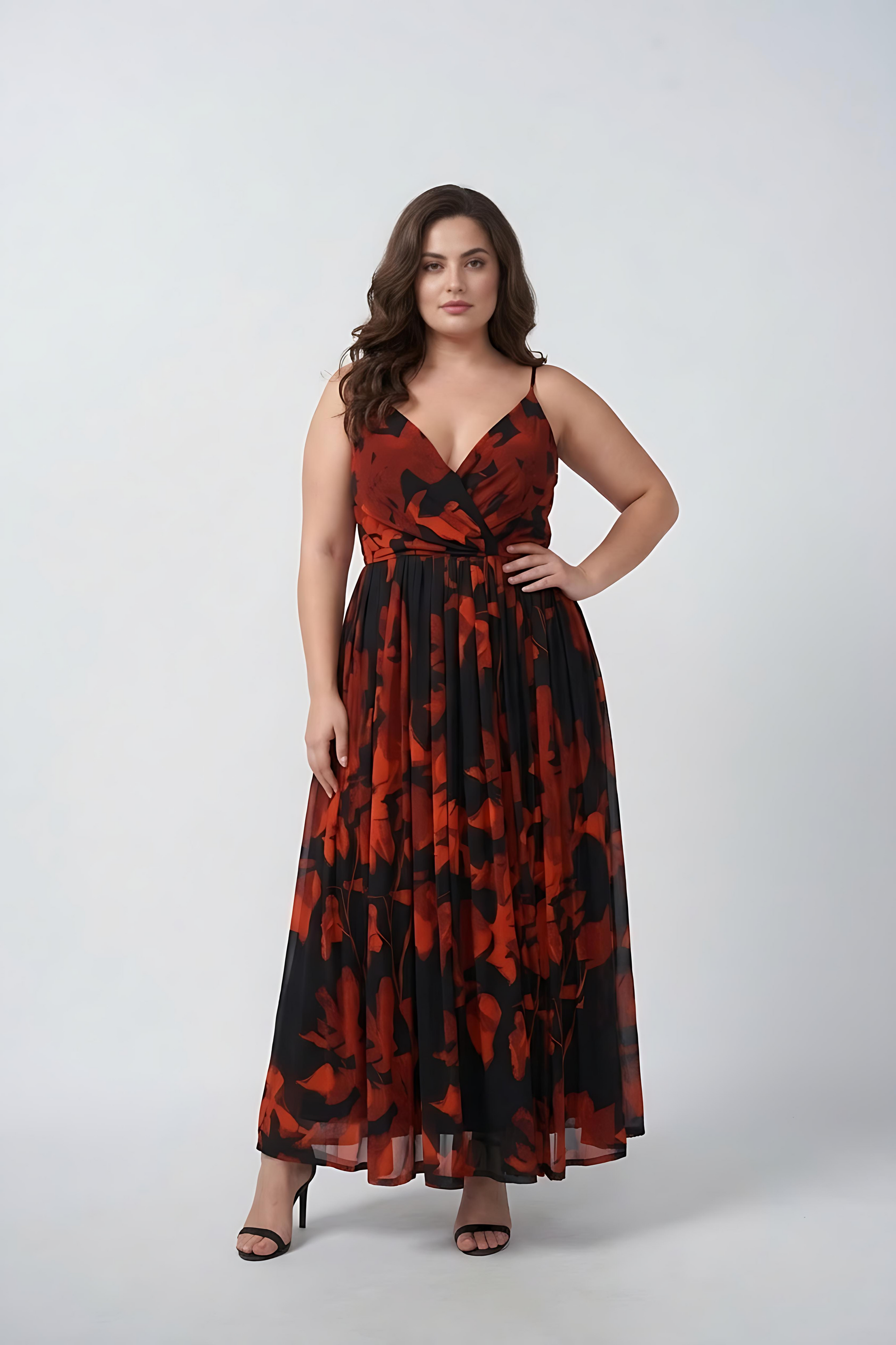 Plus size red and pink abstract floral chinon full-length dress with spaghetti straps