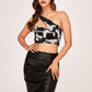 Printed one-shoulder crepe co-ord set, suitable for cocktail parties and upscale dinners
