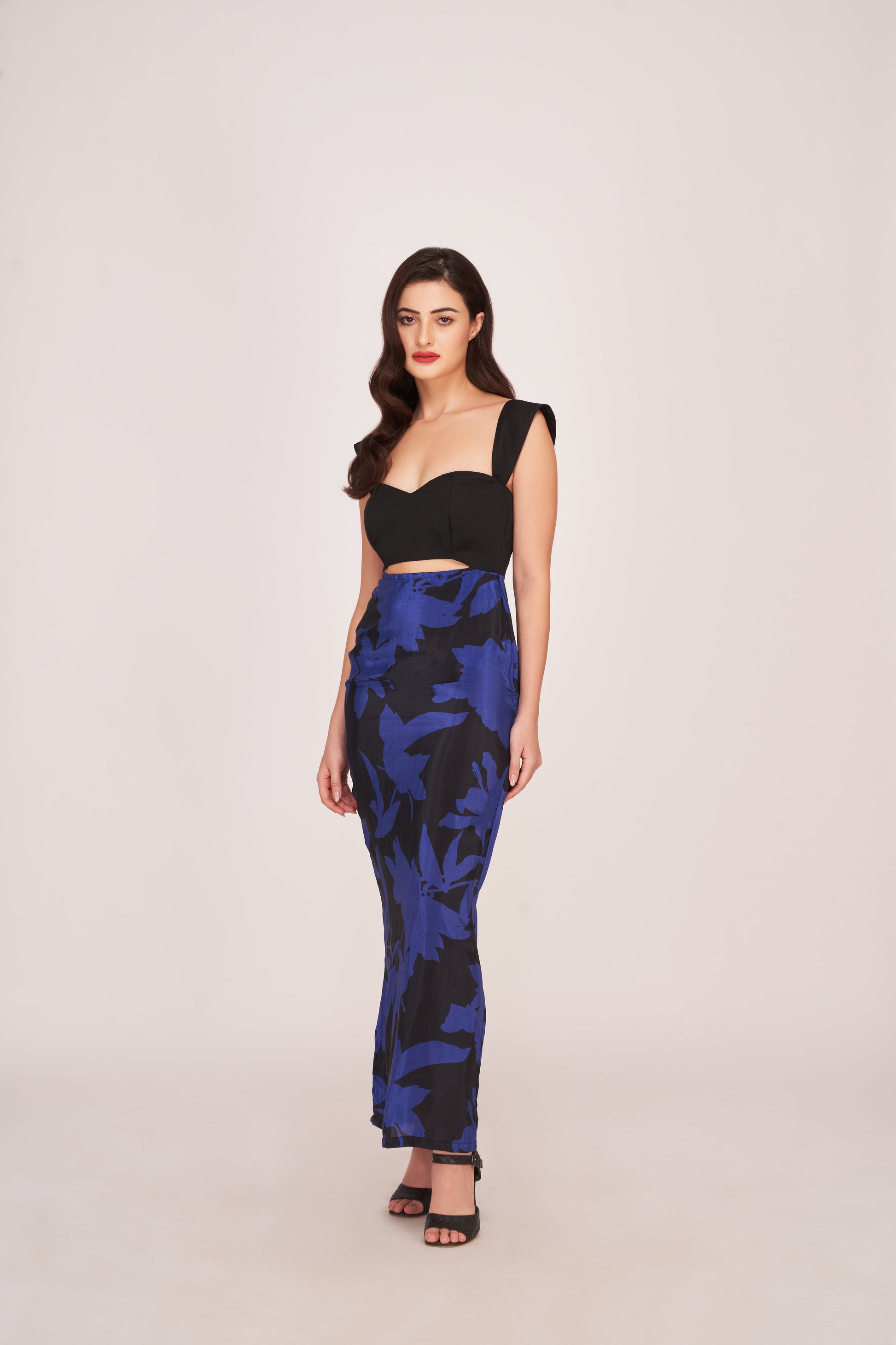 Printed long crepe dress featuring a front cut-out detail and bold abstract floral print